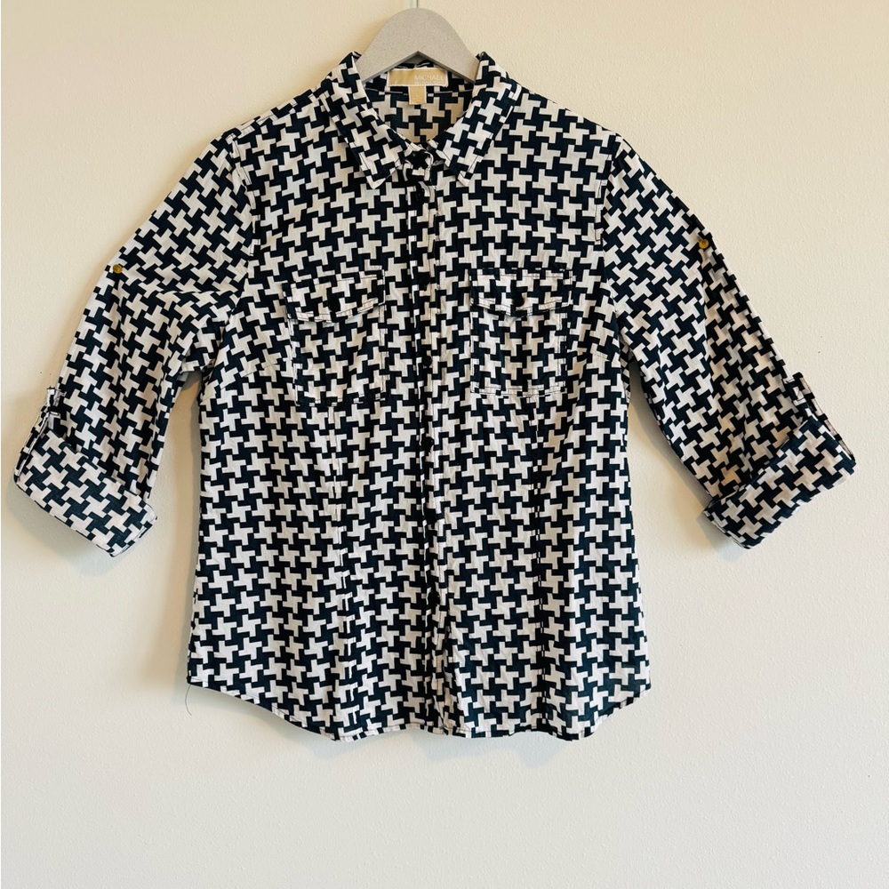 Michael Kors White and Blue Boxy Button Down Shirt